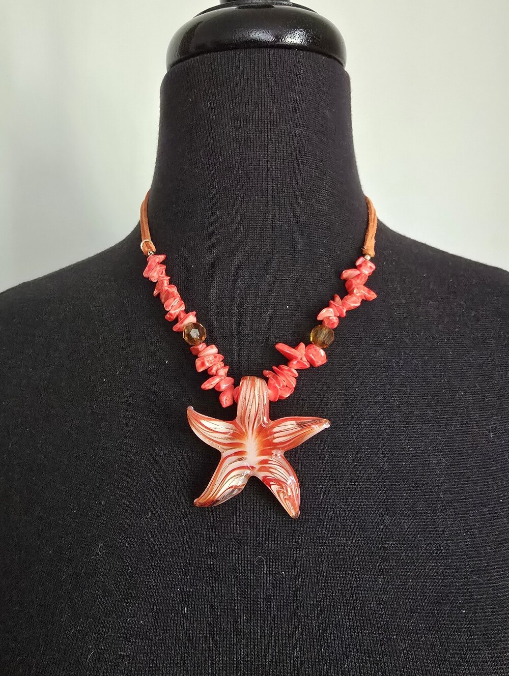 Orange Glass Starfish Pendant Beaded Necklace